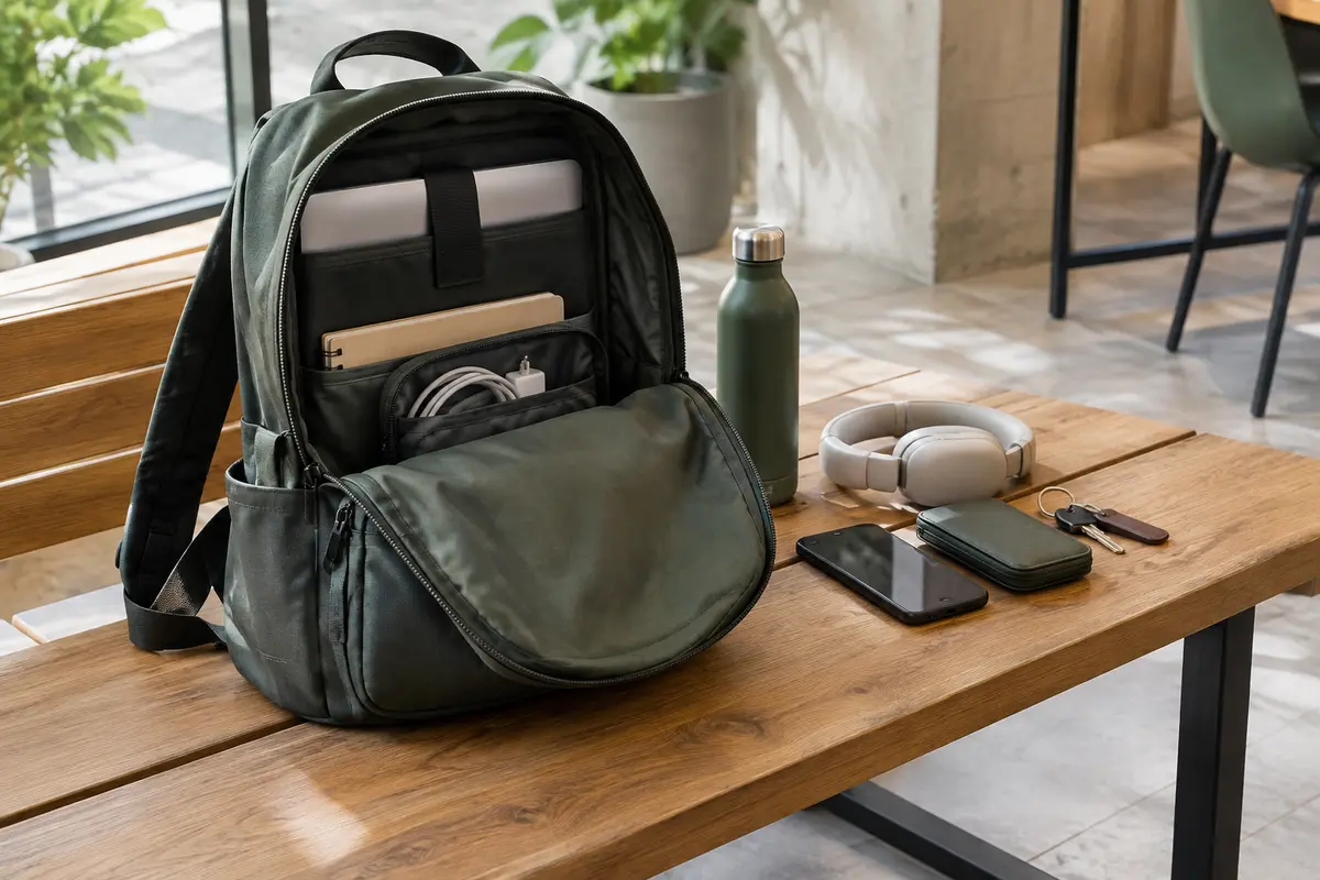 Sac à dos urbain ouvert avec ordinateur, pochette de câbles, carnet et gourde séparés.