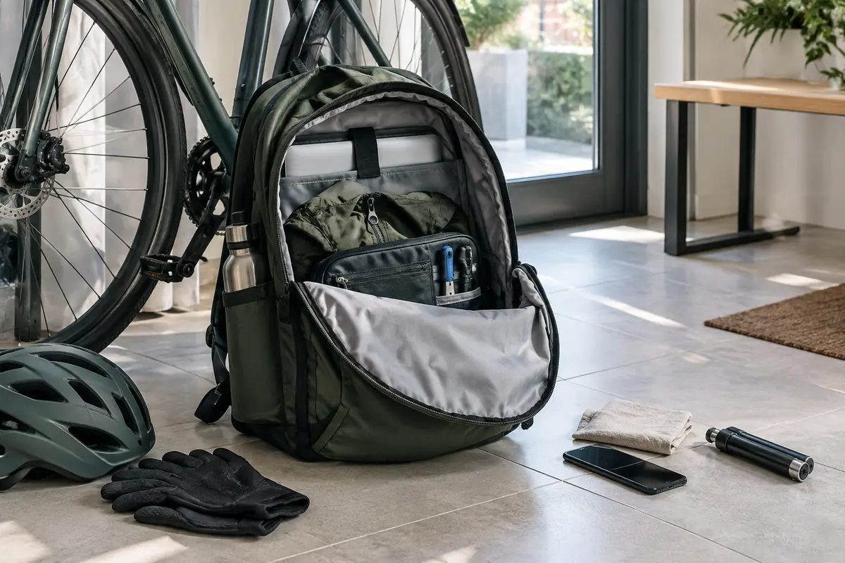 Sac à dos préparé pour un trajet à vélo, avec gourde, pochette d’outils et affaires rangées séparément