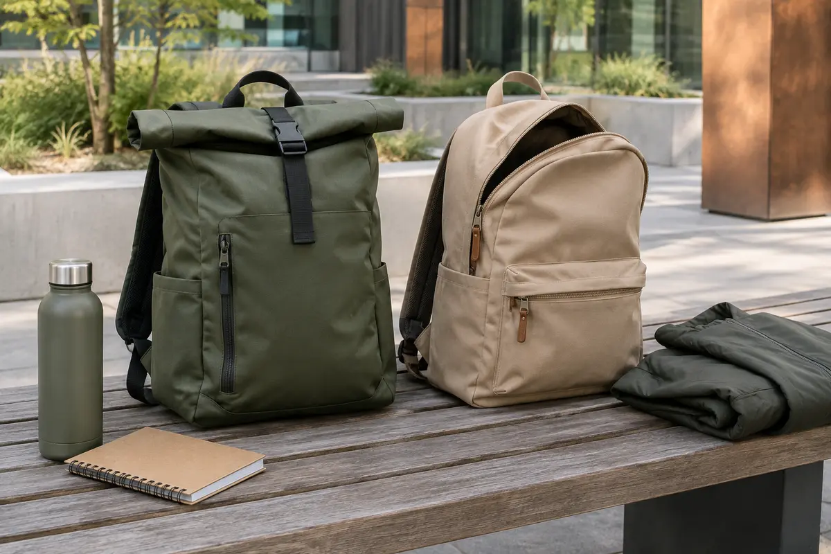 Sac à dos roll-top et modèle classique côte à côte, avec leurs systèmes d’ouverture visibles