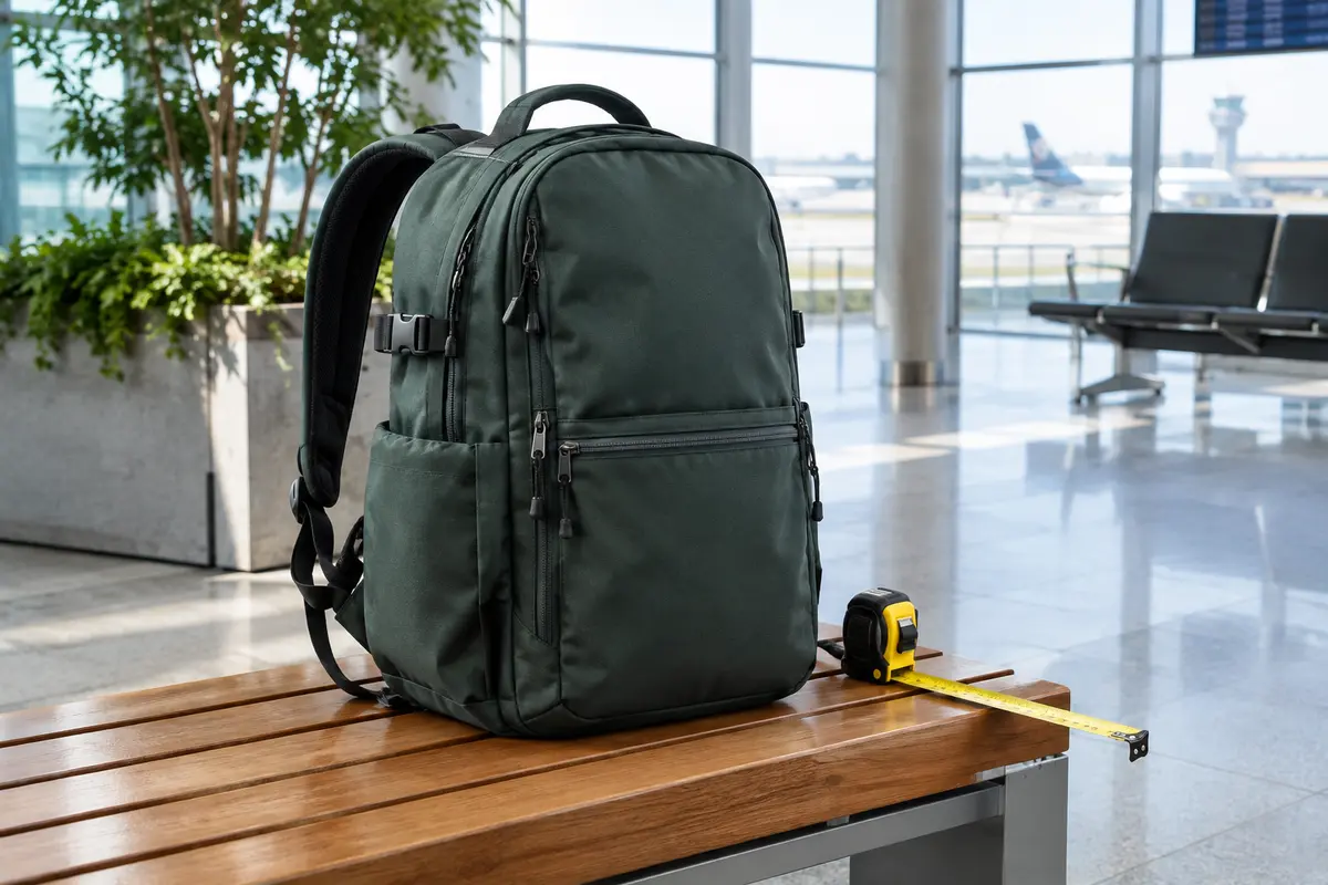 Sac à dos de voyage rempli posé dans un terminal, avec un mètre ruban pour vérifier ses dimensions.