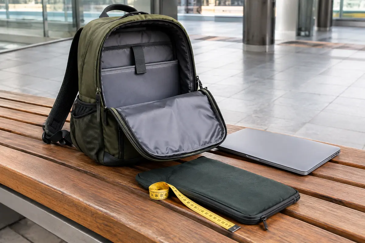 Sac à dos urbain ouvert près d’un ordinateur fermé et d’un mètre ruban pour comparer les dimensions.