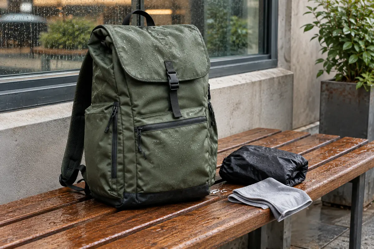 Sac à dos urbain avec gouttes perlées sur le tissu et housse de pluie pliée à côté