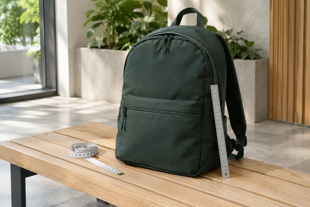 Sac à dos urbain posé près d’un mètre ruban pour illustrer la prise de ses dimensions.