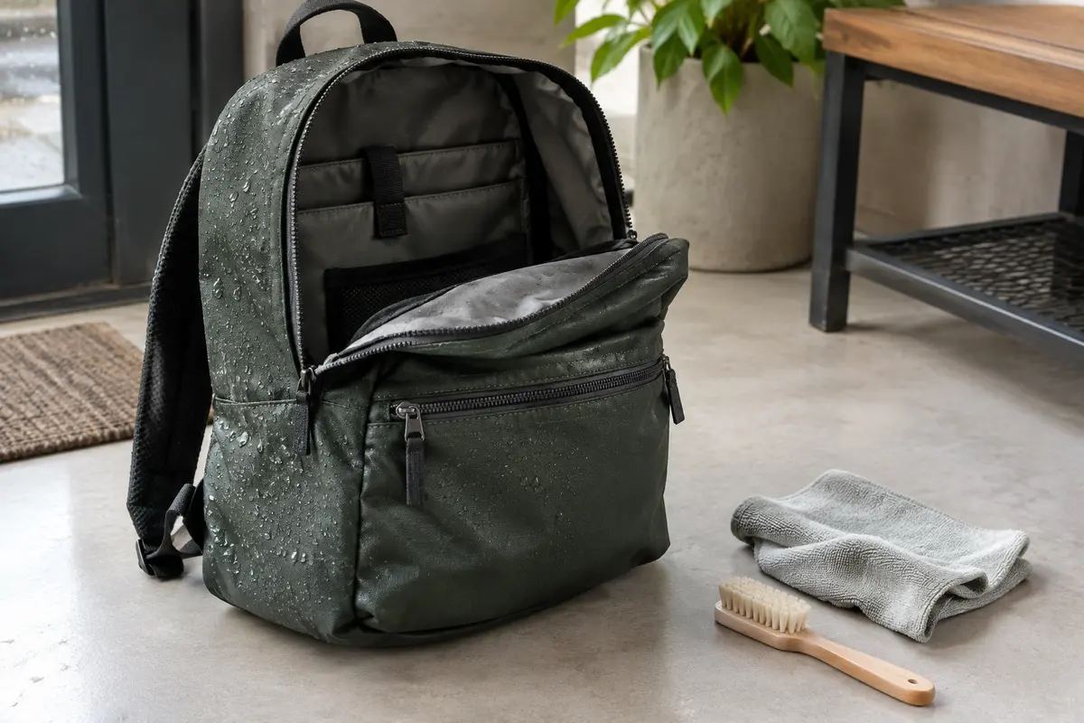 Sac à dos en tissu ouvert après la pluie, accompagné d’un chiffon doux et d’une brosse souple.