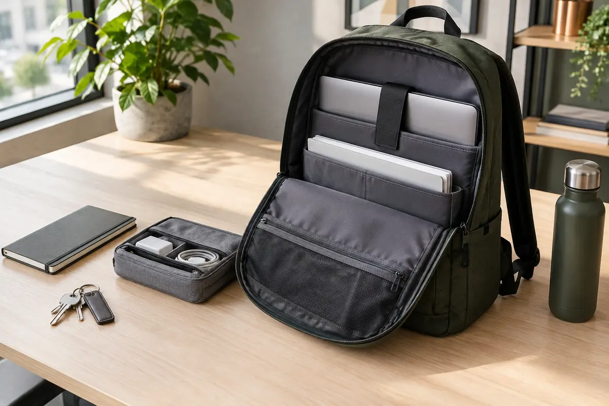 Sac à dos de travail ouvert avec ordinateur, documents et accessoires rangés dans des zones séparées