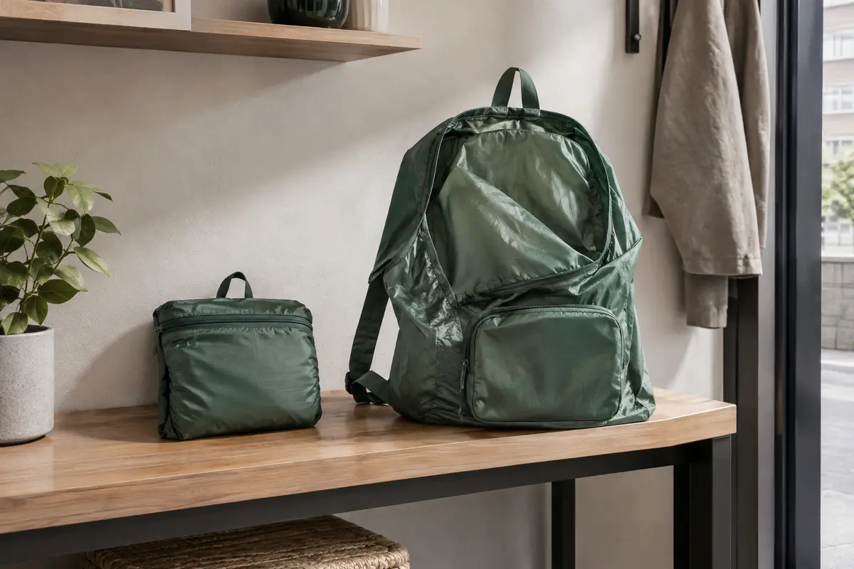 Sac à dos pliable replié selon ses coutures et rangé sur une étagère propre