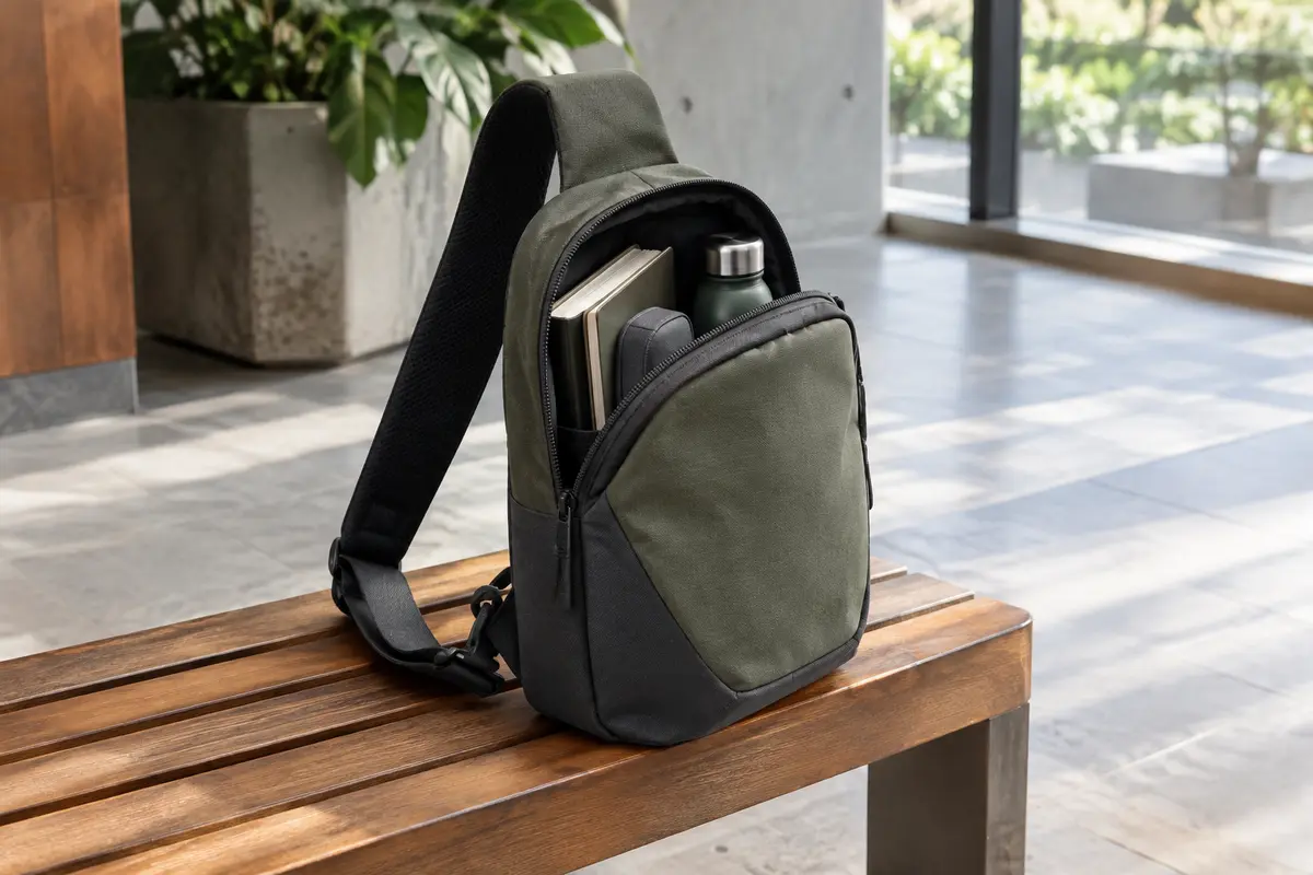 Sac urbain à une bretelle ouvert, avec carnet, étui et gourde rangés dans ses compartiments