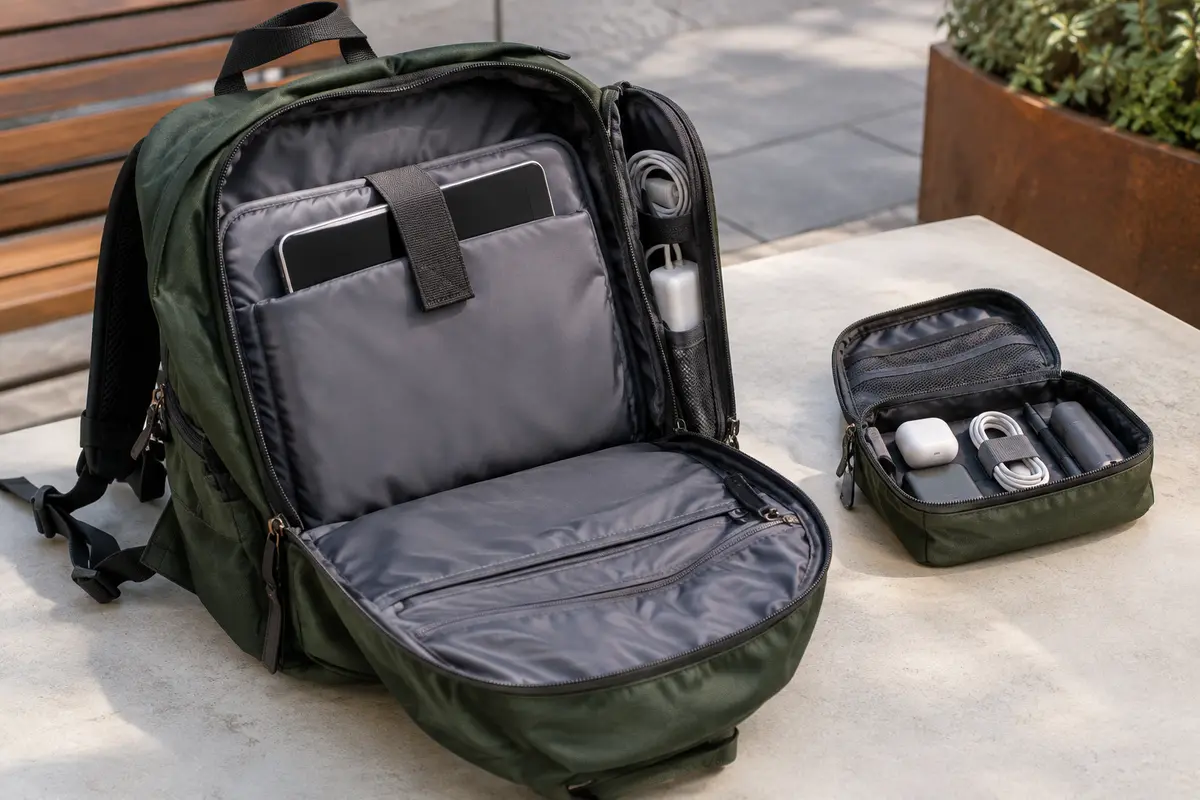 Tablette protégée dans une housse, séparée des câbles et du chargeur dans un sac à dos urbain ouvert.