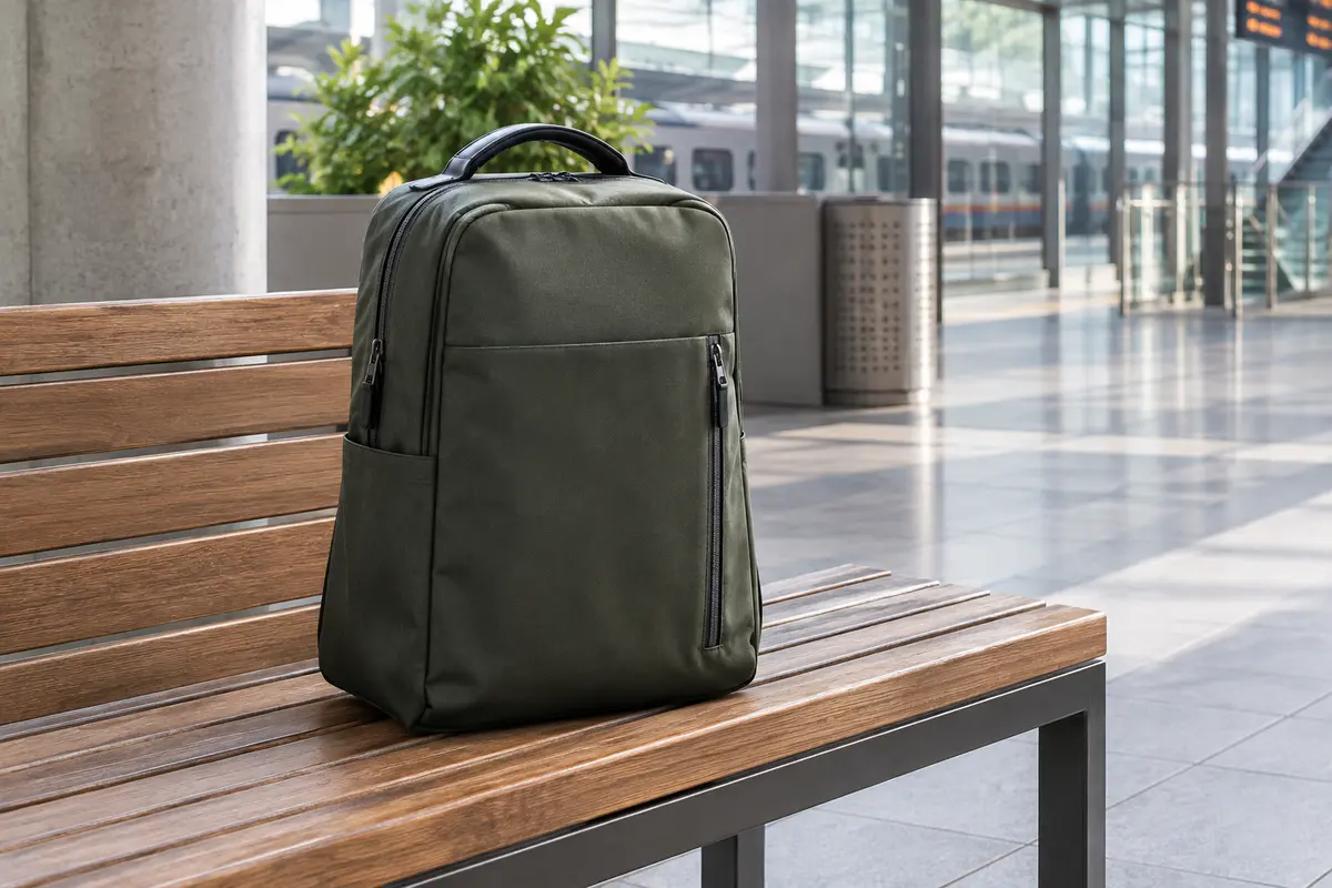 Sac à dos convertible posé sur un banc, avec ses bretelles rangées et sa poignée visible
