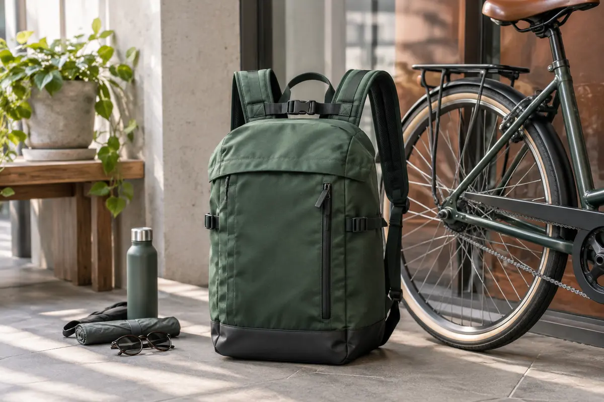 Sac à dos urbain avec sangle de poitrine bouclée, posé près d’un vélo avant un trajet.