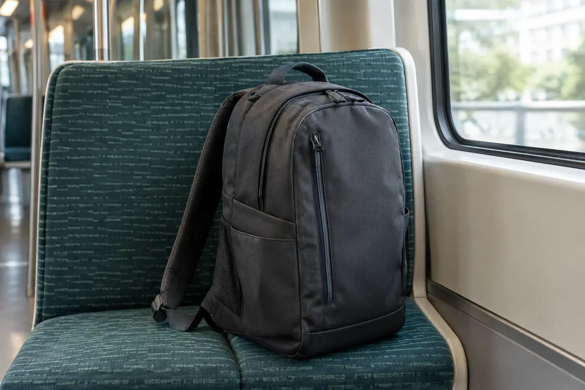 Sac à dos urbain posé sur un siège de métro, avec sa fermeture principale tournée vers le dossier.