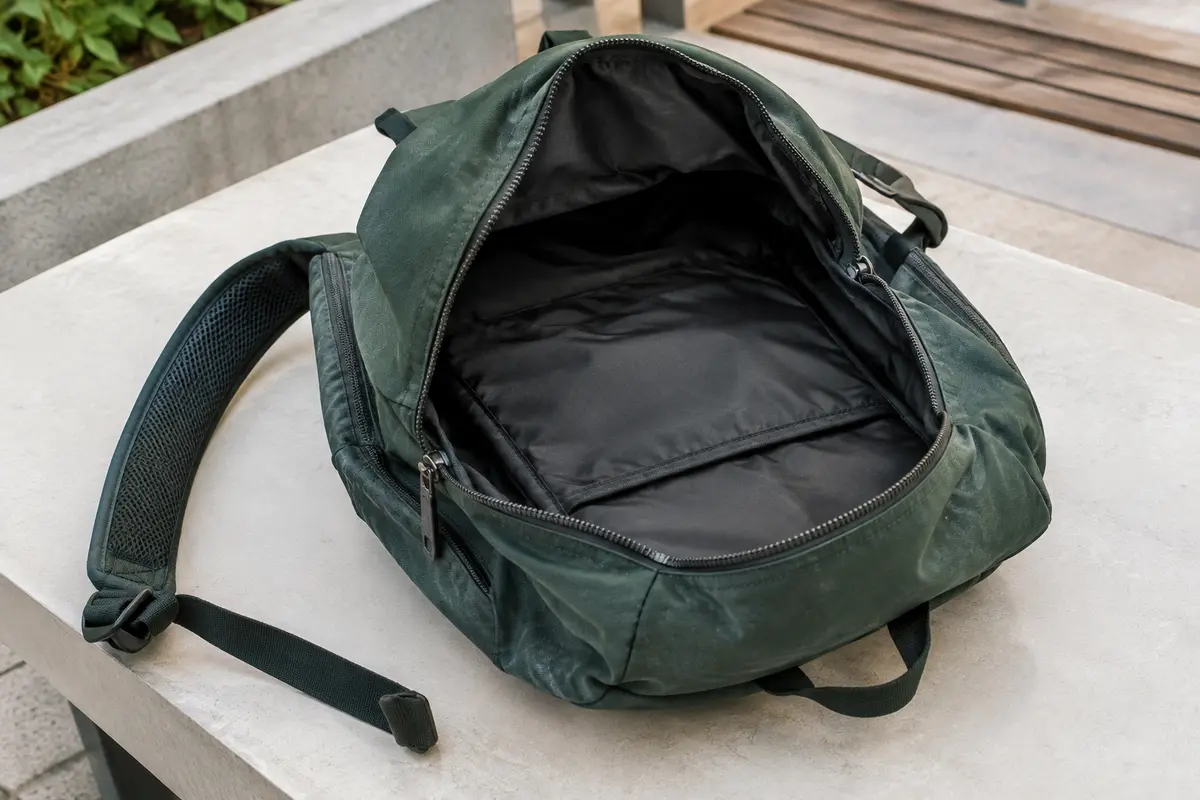 Sac à dos urbain posé à plat, bretelle et coutures du fond visibles pour contrôler leur usure