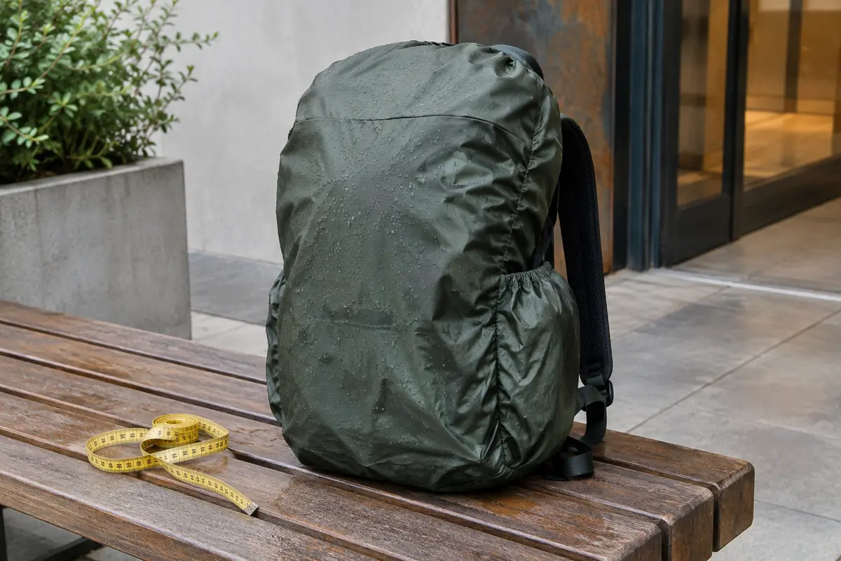 Sac à dos urbain couvert d’une housse de pluie ajustée, avec un mètre ruban posé à côté
