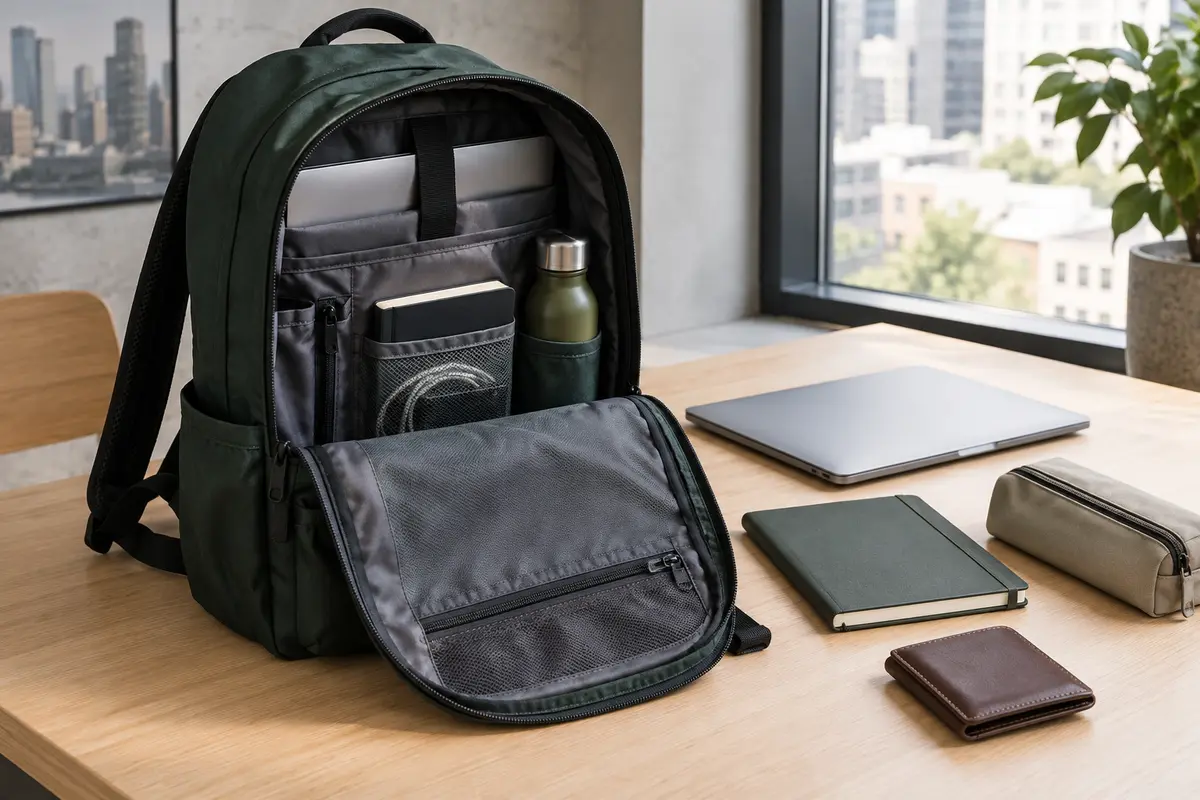 Sac à dos urbain ouvert avec ordinateur, carnet et gourde pour comparer son volume utile.