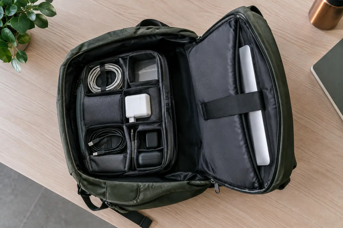 Sac à dos urbain ouvert avec organiseur compact, ordinateur séparé, câbles regroupés et petits accessoires rangés