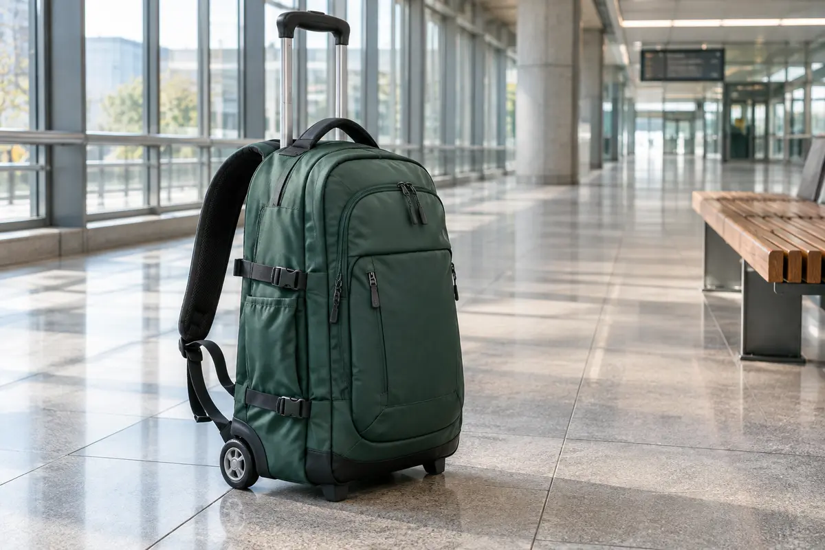 Sac à dos à roulettes dans un couloir de gare, poignée déployée et roues visibles pour inspection.