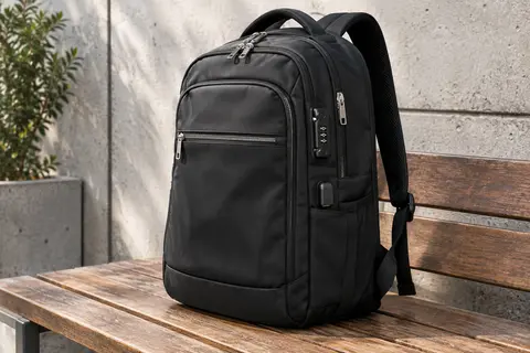 Sac à dos Ambor noir avec verrou à combinaison, poches multiples et port USB, posé sur un banc en bois.