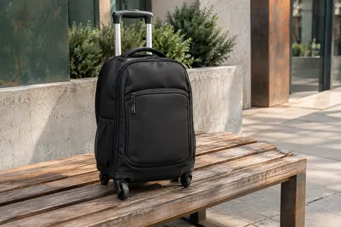 Sac à dos cabine noir à roulettes posé sur un banc, avec poignée télescopique et poche avant visible.