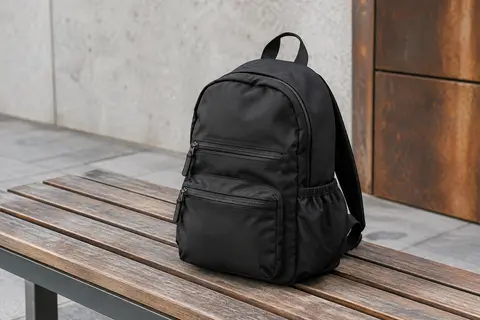 Mini sac à dos noir en nylon posé sur un banc en bois, avec poches avant zippées et poche latérale.
