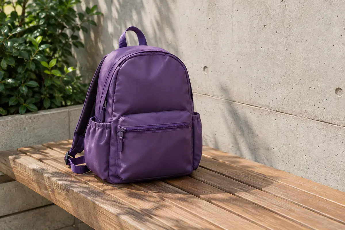 Petit sac à dos en nylon violet posé sur un banc, avec poches zippées et format compact