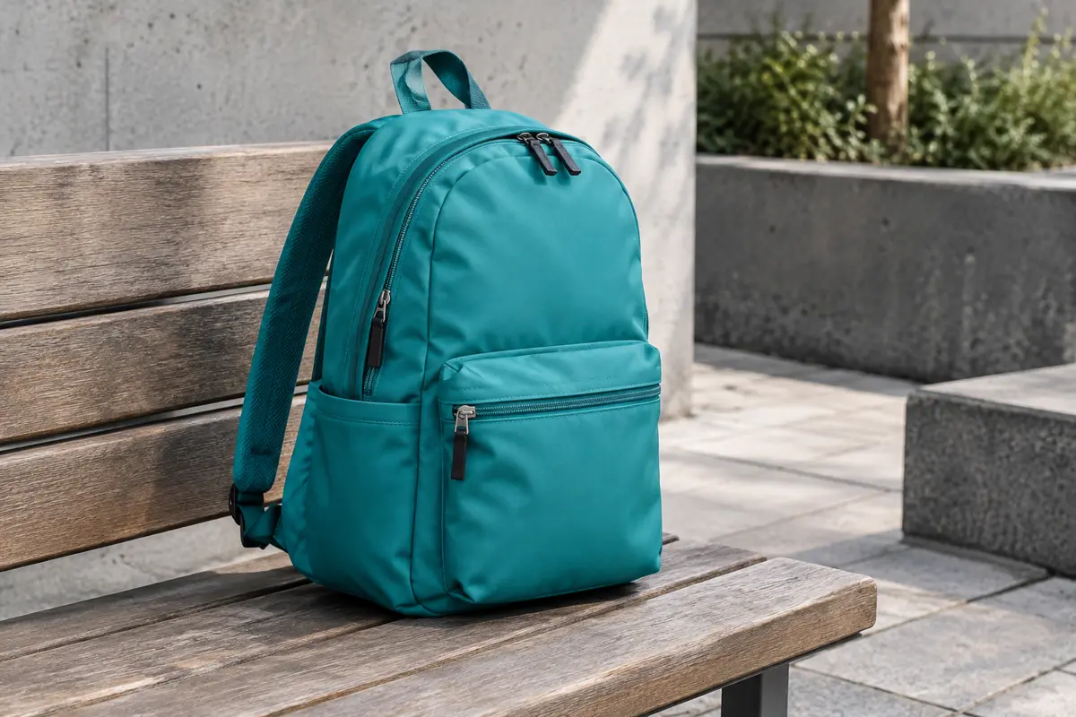 Petit sac à dos urbain turquoise en nylon posé sur un banc en bois, avec ses poches et fermetures visibles.