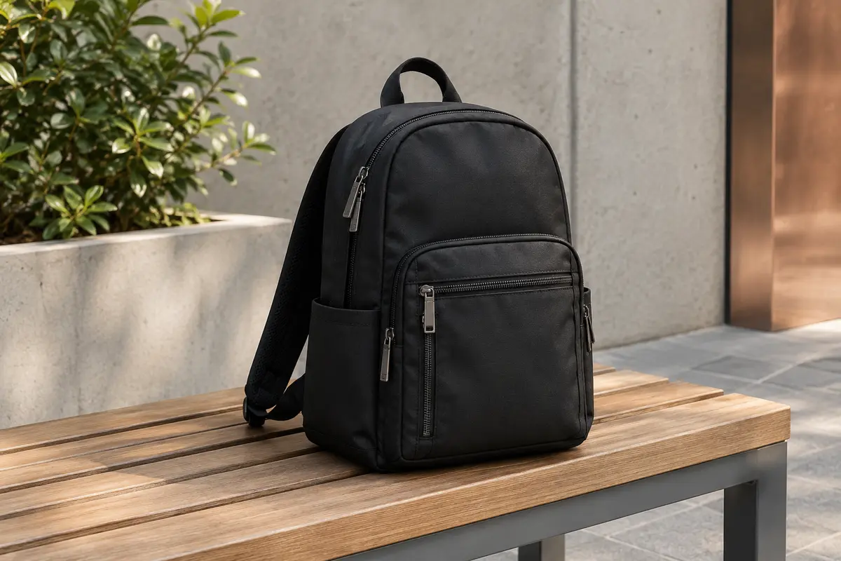 Petit sac à dos urbain noir en tissu Oxford posé sur un banc, avec ses poches et fermetures visibles.