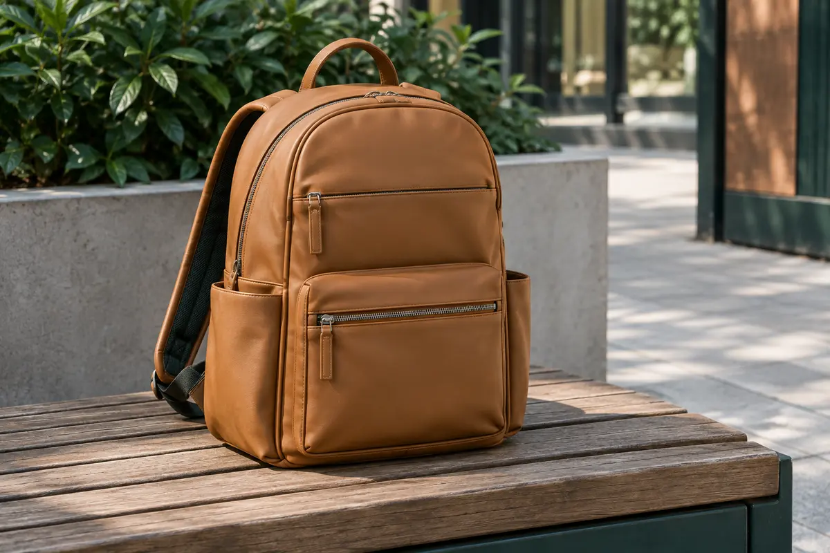 Sac à dos urbain en PU caramel posé sur un banc, avec poches avant et poignée supérieure visibles.