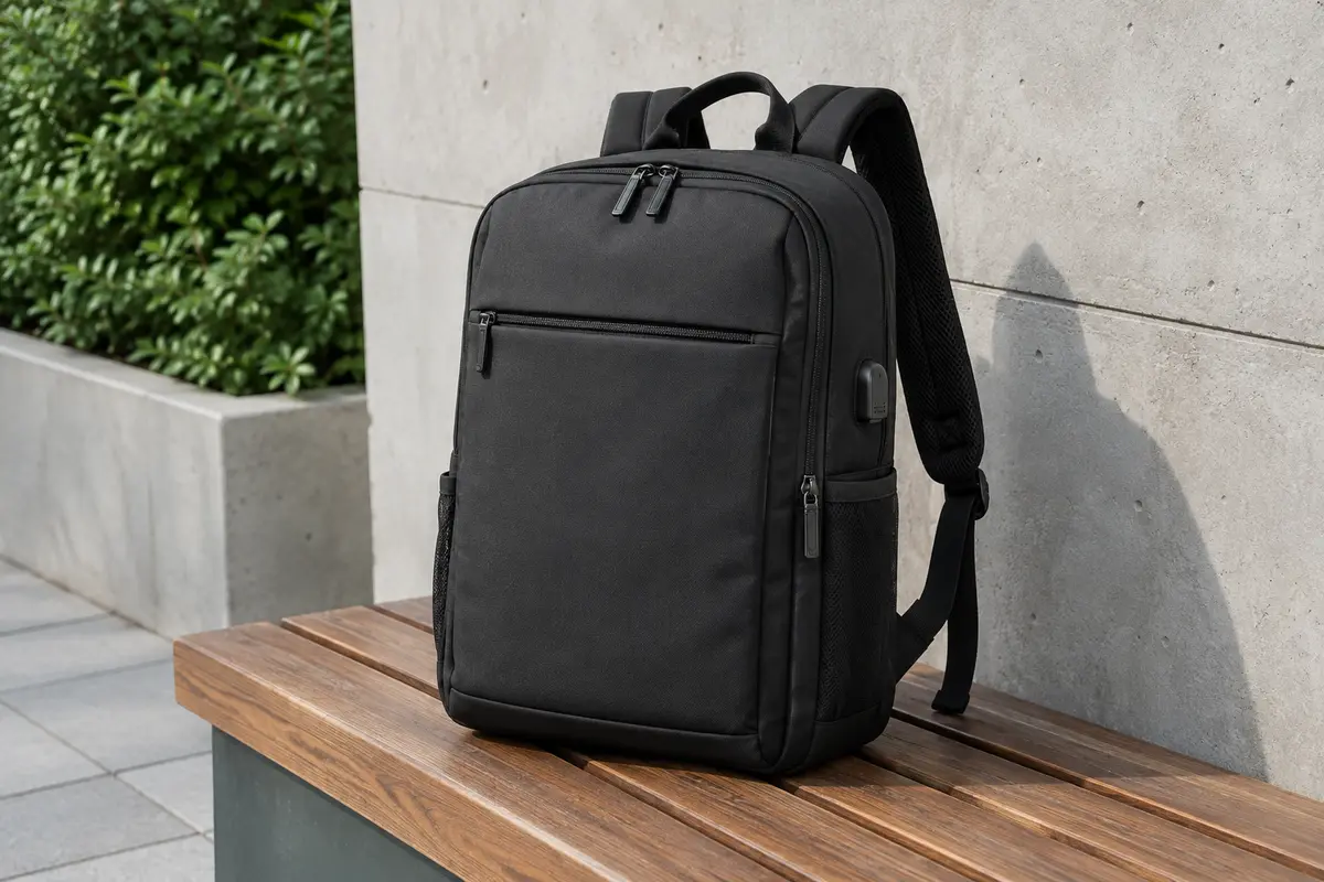 Sac à dos Bange noir pour ordinateur, posé sur un banc en bois dans un décor urbain sobre.