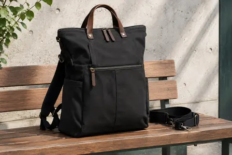 Sac convertible Baosha en toile noire avec poignée en cuir, posé sur un banc urbain