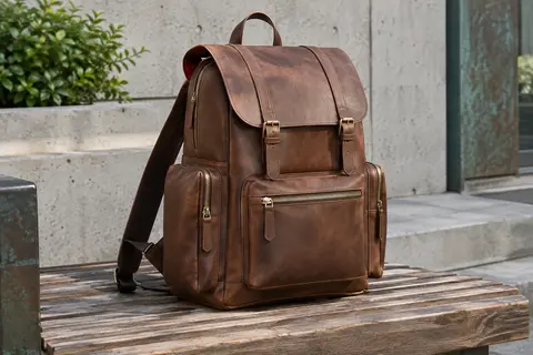 Sac à dos convertible Baosha en simili cuir marron posé sur un banc, avec ses poches et sa doublure rouge visibles.