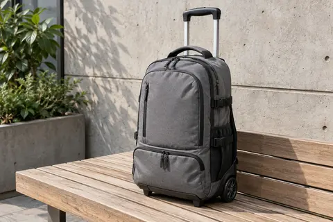 Sac à dos à roulettes gris en polyester, posé sur un banc, avec sa poignée télescopique et ses roulettes visibles.