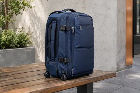 Sac de voyage cabine hybride bleu avec roulettes, bretelles dissimulées et compartiments zippés