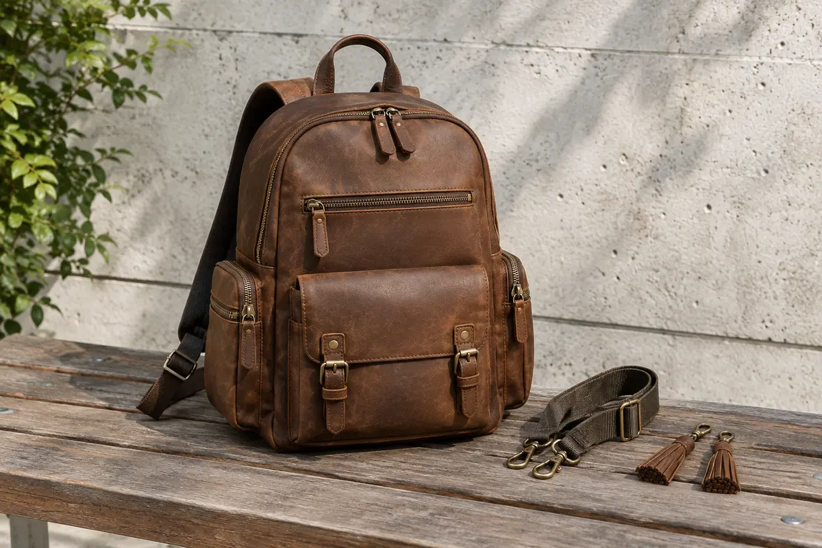 Petit sac à dos marron effet cuir avec poches extérieures, sangles réglables et bandoulière amovible posé sur un banc.