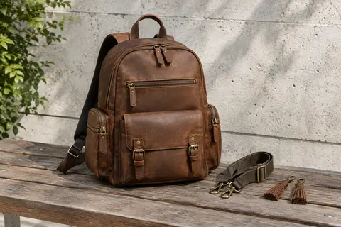 Petit sac à dos marron effet cuir avec poches extérieures, sangles réglables et bandoulière amovible posé sur un banc.