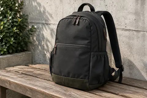 Sac à dos urbain noir Chase Chic posé sur un banc, avec poches zippées et bretelles réglables visibles
