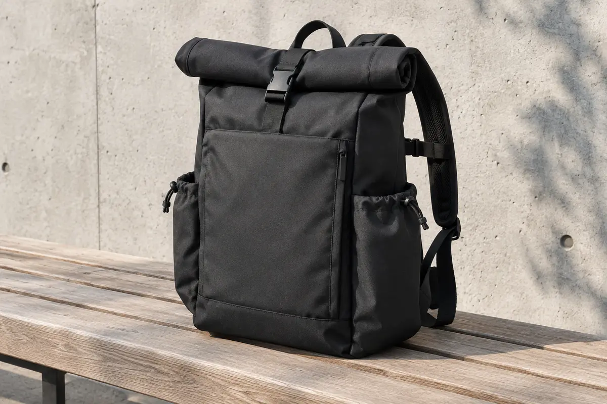 Sac à dos roll-top noir posé sur un banc, avec poches latérales et pochette extérieure pour ordinateur
