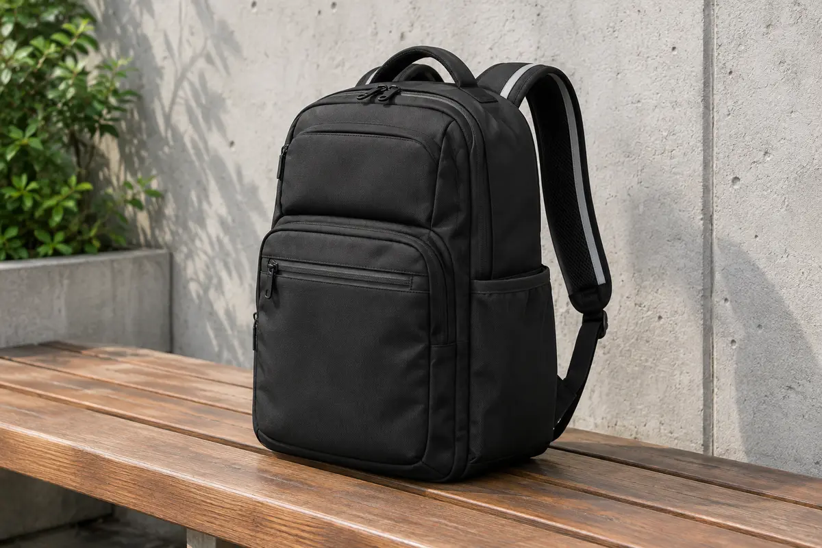 Sac à dos noir pour ordinateur avec poche avant zippée et bretelles rembourrées, posé debout sur un banc en bois