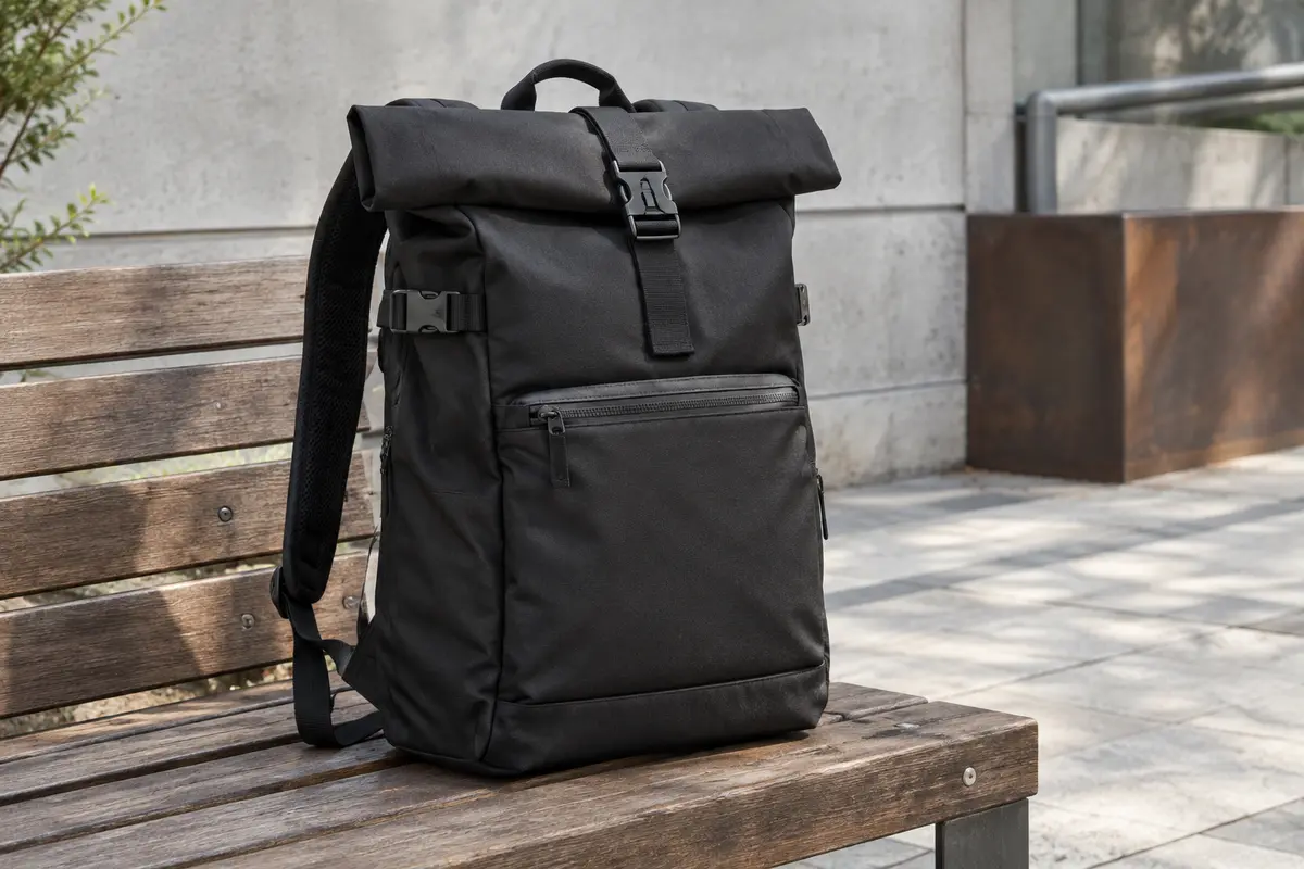 Sac à dos noir convertible en sacoche de vélo, avec rabat roll-top, poche frontale et bretelles visibles