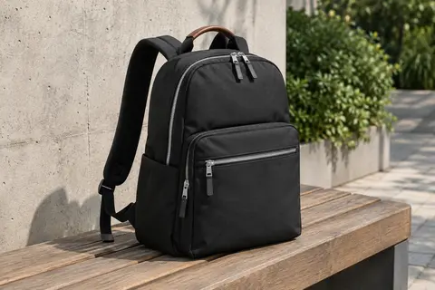 Sac à dos noir pour ordinateur posé sur un banc, avec poches avant, fermetures argentées et bretelles visibles.