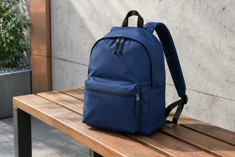 Sac à dos bleu profond posé sur un banc en bois, avec sa poche avant zippée visible.