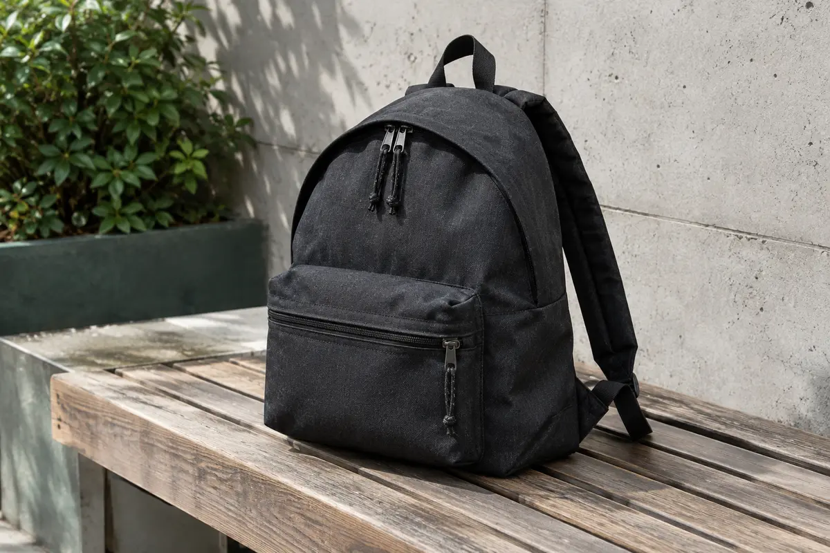 Sac à dos Eastpak Padded Pak’r noir posé sur un banc en bois, avec sa poche avant zippée visible
