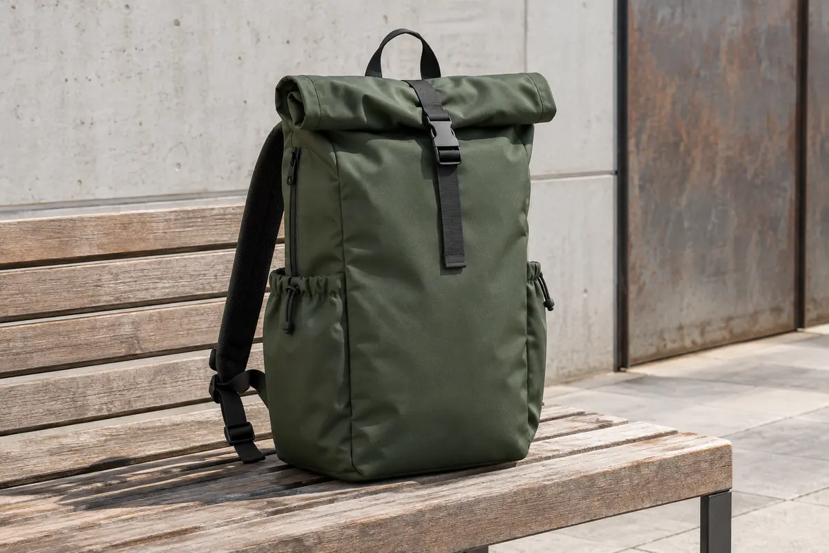 Sac à dos roll-top vert en nylon posé sur un banc, avec rabat enroulable et poches latérales visibles