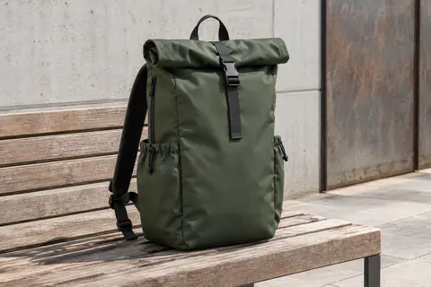 Sac à dos roll-top vert en nylon posé sur un banc, avec rabat enroulable et poches latérales visibles