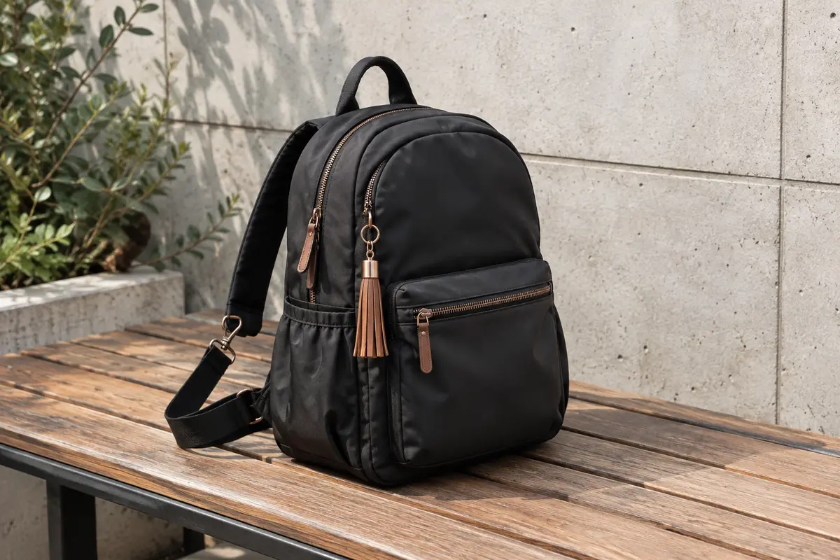 Sac à dos Eshow noir en nylon, avec poches multiples, bandoulière amovible et pompon décoratif
