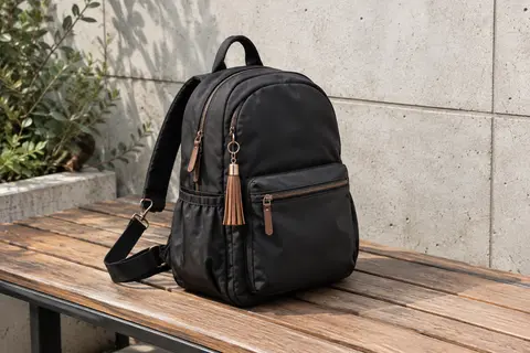 Sac à dos Eshow noir en nylon, avec poches multiples, bandoulière amovible et pompon décoratif