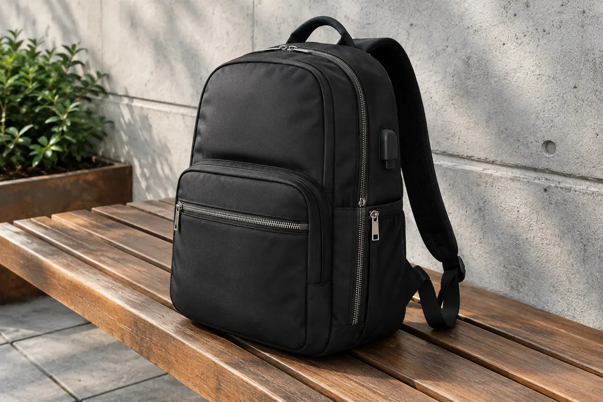 Sac à dos urbain noir Fandare posé sur un banc, avec poche latérale zippée et port USB visible.