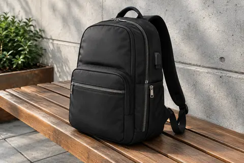 Sac à dos urbain noir Fandare posé sur un banc, avec poche latérale zippée et port USB visible.