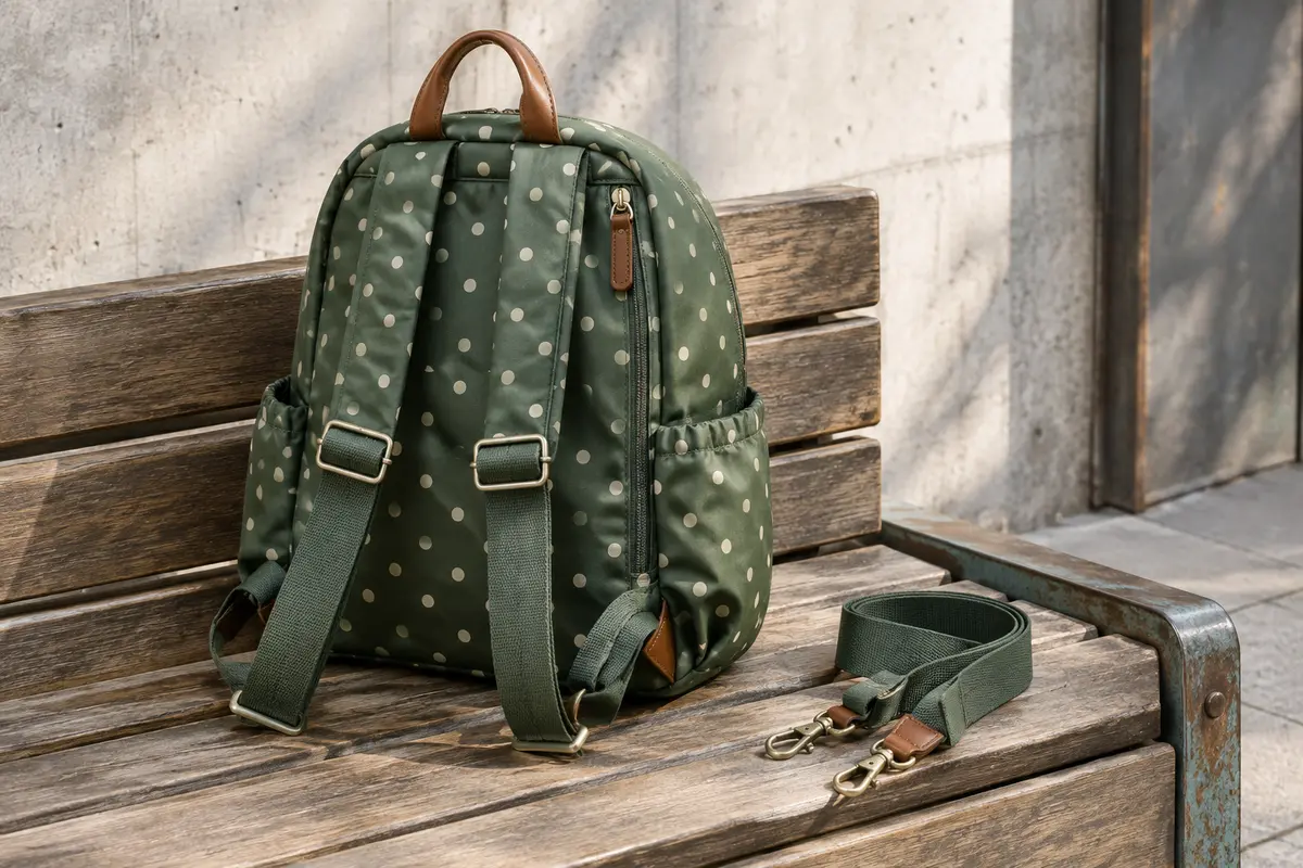 Sac à dos vert à pois posé sur un banc, avec ses poches latérales, ses bretelles et sa bandoulière.
