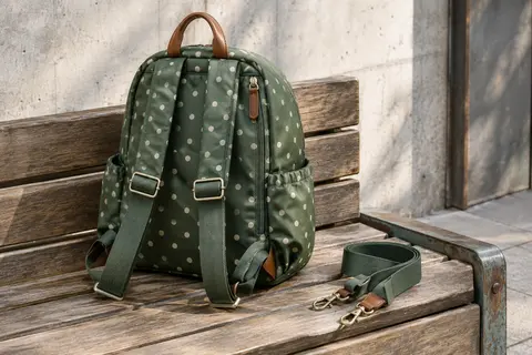 Sac à dos vert à pois posé sur un banc, avec ses poches latérales, ses bretelles et sa bandoulière.
