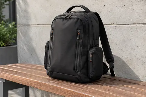 Sac à dos noir en nylon avec poches zippées, compartiment ordinateur et sangle arrière pour bagage